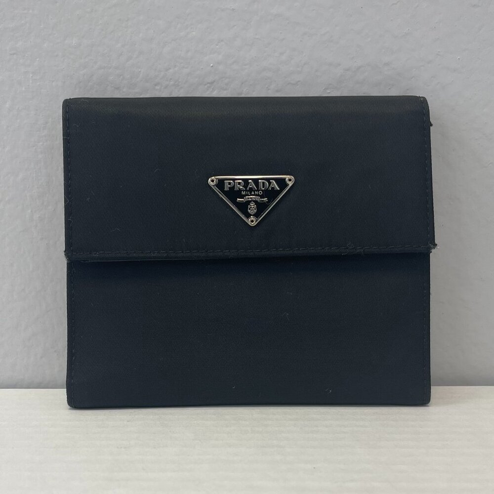 PRADA Tessuto Nylon Compact Tri-Fold Wallet in Black - Preowned
